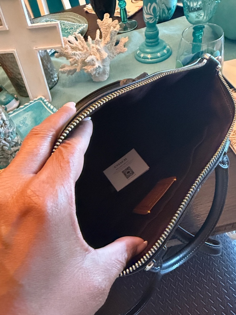 Coach Black Leather Star-Print Satchel - Picture 5 of 8